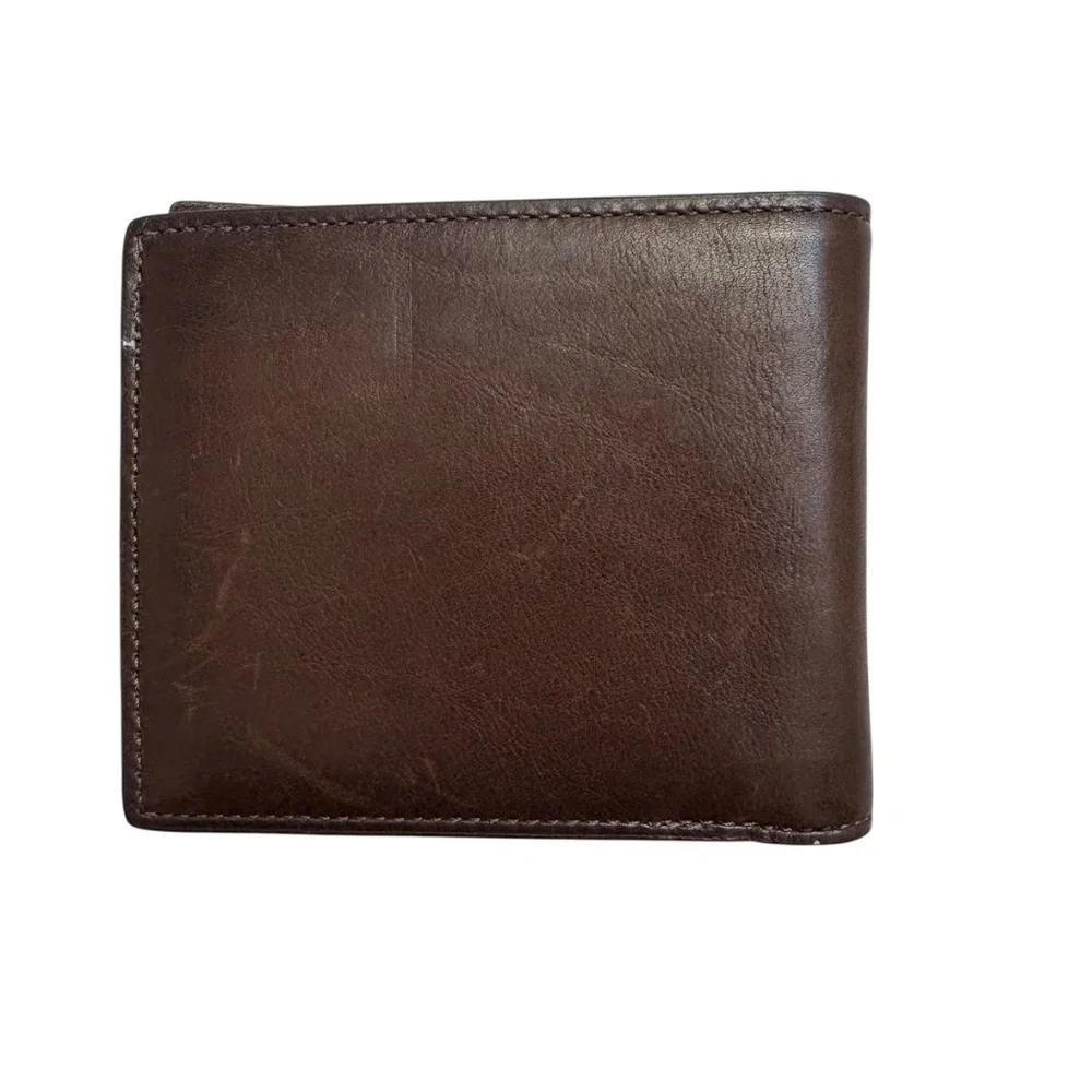 Coach 74493 mahogany brown navy blue striped men’s bifold leather wallet